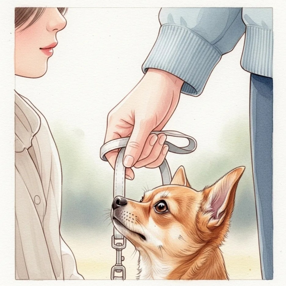 반려동물의 목줄을 잡고 있는 주인의 손