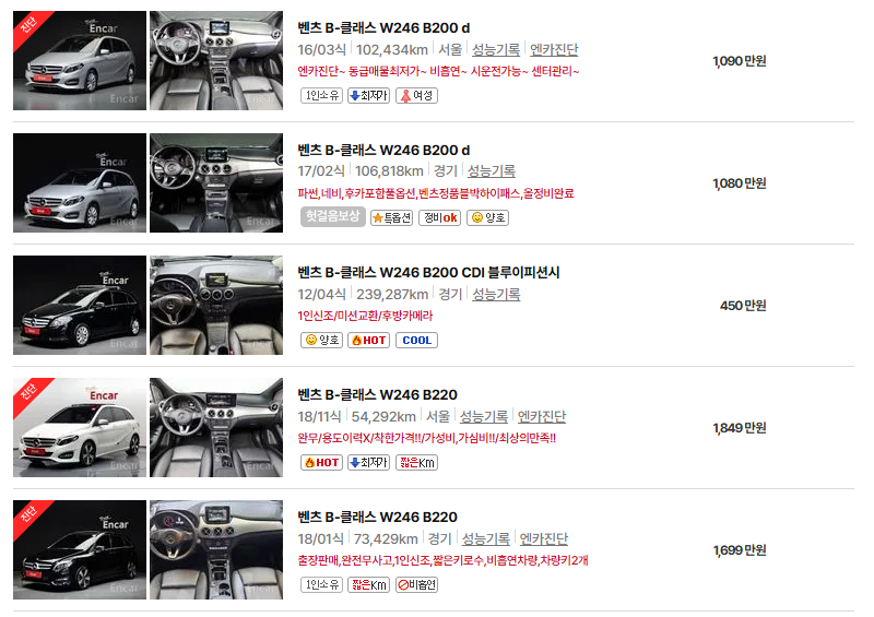벤츠 A클래스 중고차 가격 시세표 24년10월