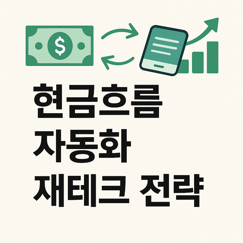 자동화된 돈 관리 시스템을 표현한 썸네일 이미지로, 월급에서 저축, 투자까지 흐름을 시각적으로 보여줌. "현금흐름 자동화 재테크 전략"이라는 문구가 중앙에 큼직하게 배치됨.