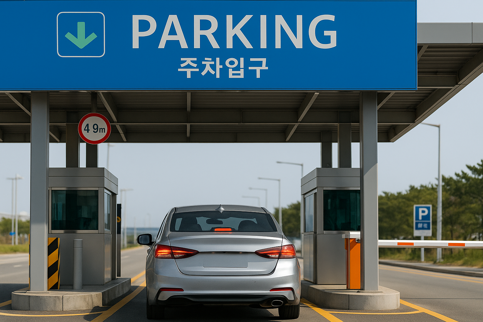 인천공항 주차장 입구에서 차량이 자동차단기를 통과하는 장면