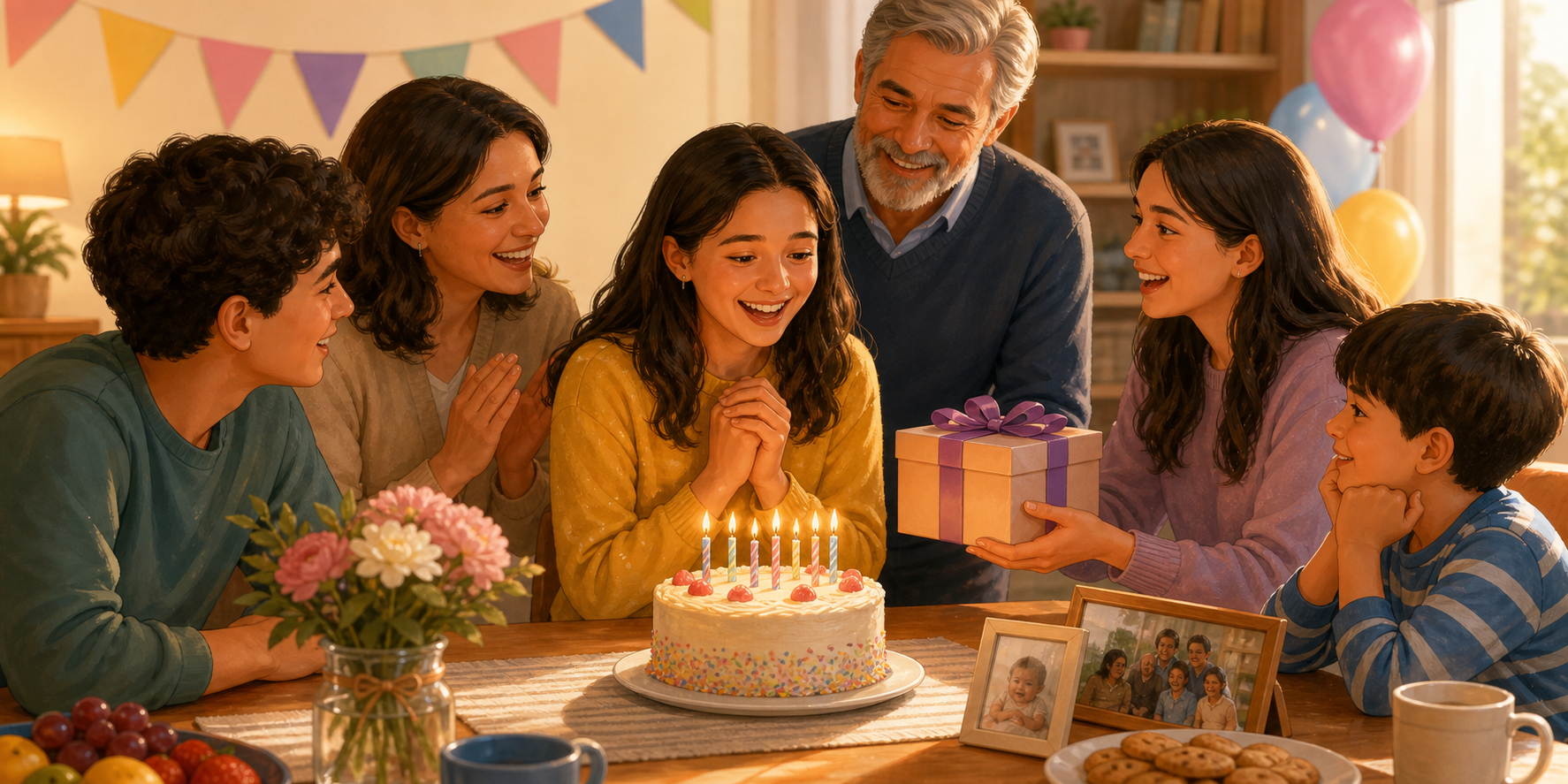 Educational illustration of family and friends celebrating a birthday with simple decorations