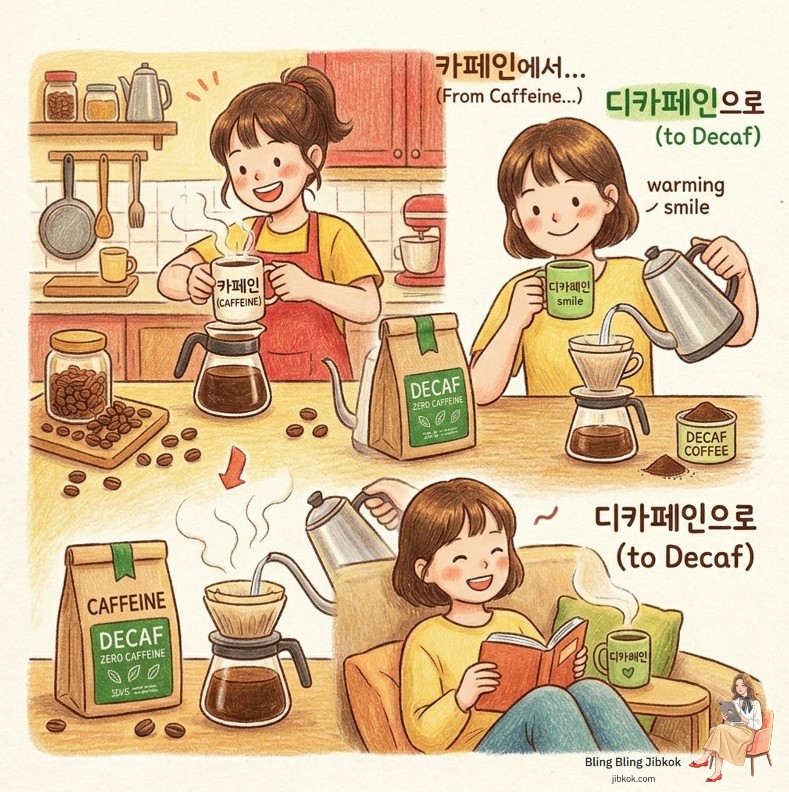디카페인 커피로 전환하는 과정의 따뜻한 색연필 일러스트 (decaf coffee transition drawing)