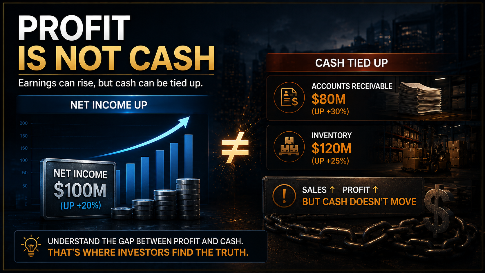 Difference between accounting profit and actual cash flow caused by accounts receivable and inventory growth