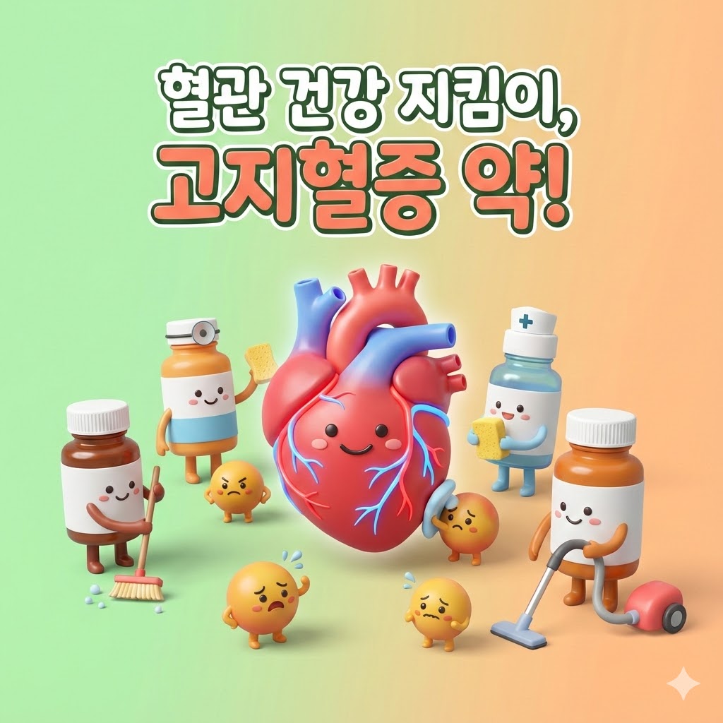 심장과 깨끗한 혈관 주변에 콜레스테롤을 치우는 귀여운 약병 캐릭터들이 있는 3D 카툰 일러스트. '혈관 건강 지킴이, 고지혈증 약!' 문구가 쓰여 있음.