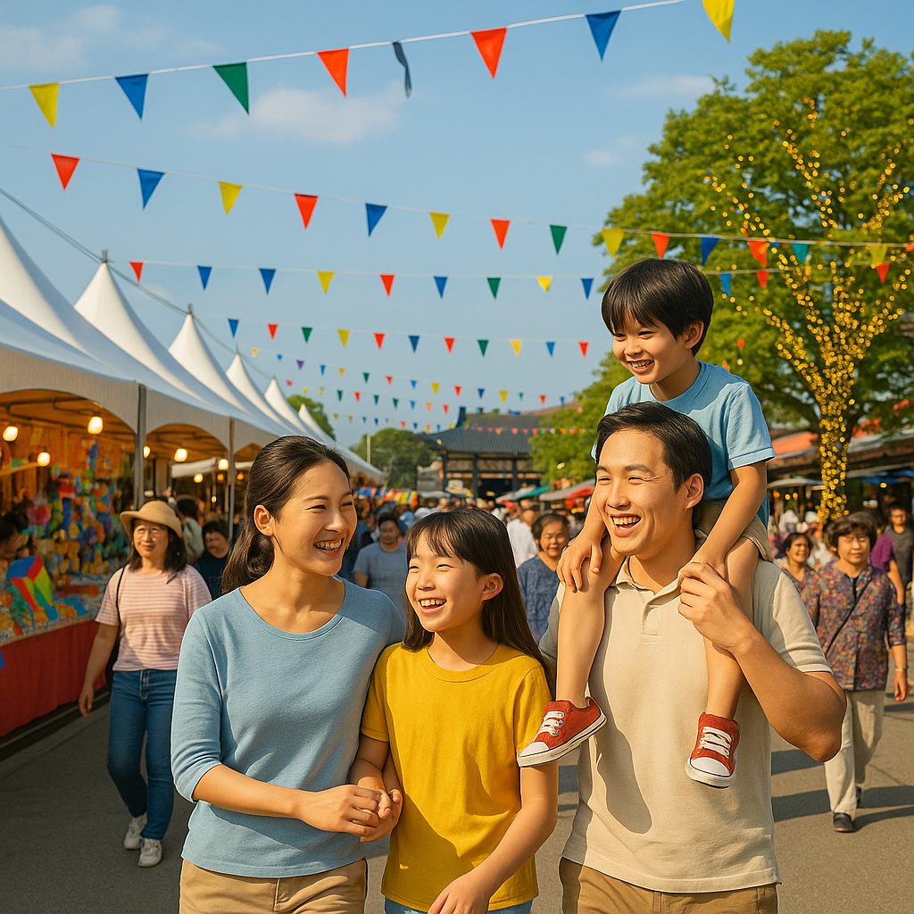 가족들이 함께 지역 전통시장에서 열리는 야외 축제를 즐기며 웃고 있는 모습, 형형색색의 깃발과 포장마차가 줄지어 있는 축제 현장