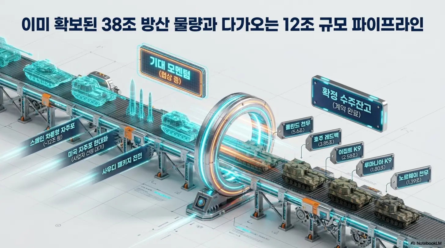 한화에어로스페이스 주가 전망: 한화에어로스페이스의 확정 수주잔고와 기대 수주 파이프라인을 생산 라인 그래픽으로 표현한 인포그래픽. 폴란드 천무, 호주 레드백, 이집트와 루마니아 K9 등 확정 물량과 스페인 차륜형 자주포, 미국 자주포 현대화 등 협상 중 사업을 구분해 보여주며, 한화에어로스페이스 수주 현황을 설명함