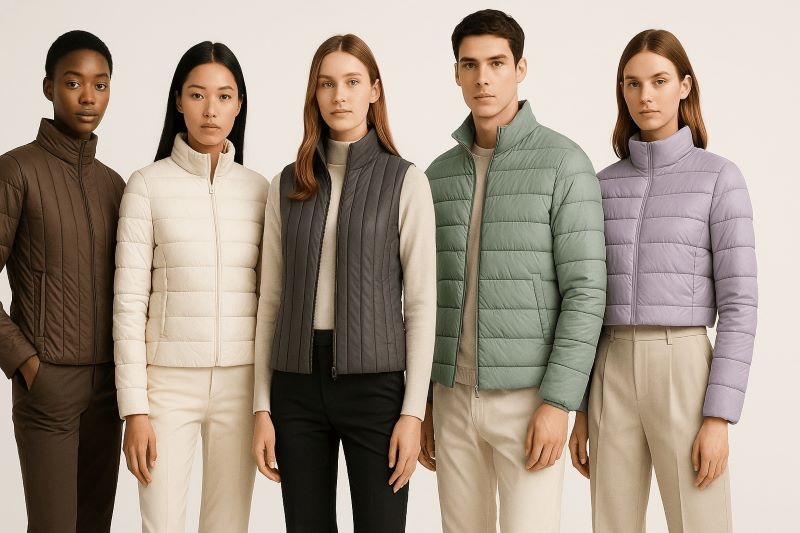 세로 퀼팅과 무봉제 디자인, 슬림핏과 숏기장 경량패딩 패션 화보