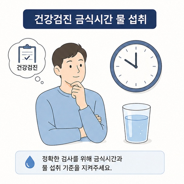 건강검진을 앞둔 사람과 시계, 물컵으로 표현한 건강검진 금식시간과 물 섭취 안내 이미지