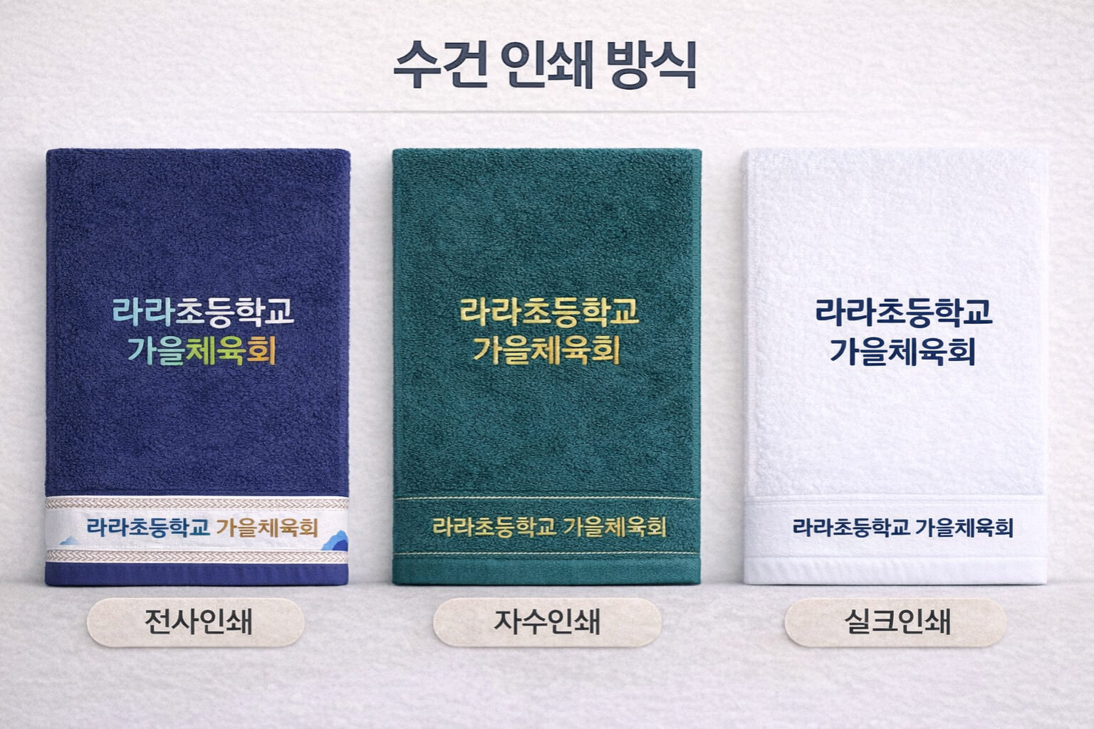 수건 인쇄 방식인 전사인쇄 자수인쇄 실크인쇄 비교와 주문 체크포인트를 보여주는 이미지