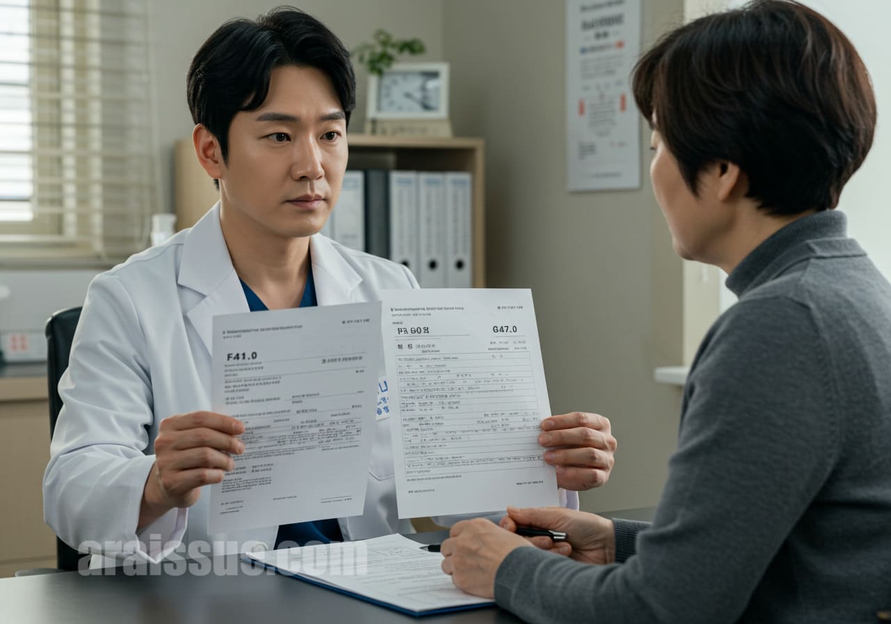 F코드와 G코드가 적힌 진단서를 비교하는 장면