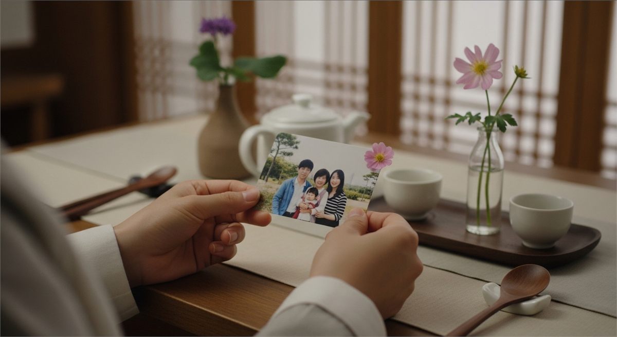 사진 카드와 꽃을 함께 놓고 차를 마시는 추억형 선물 장면 