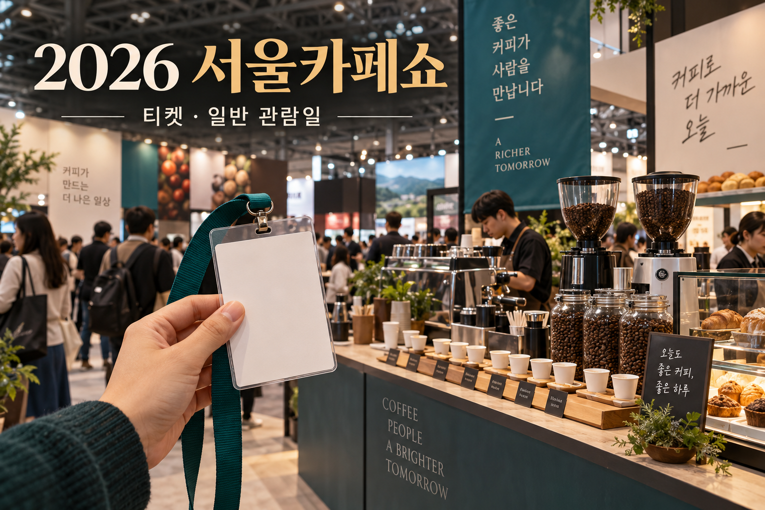 커피 기계와 시음 컵, 디저트, 출입증을 그린 서울카페쇼 방문 일러스트