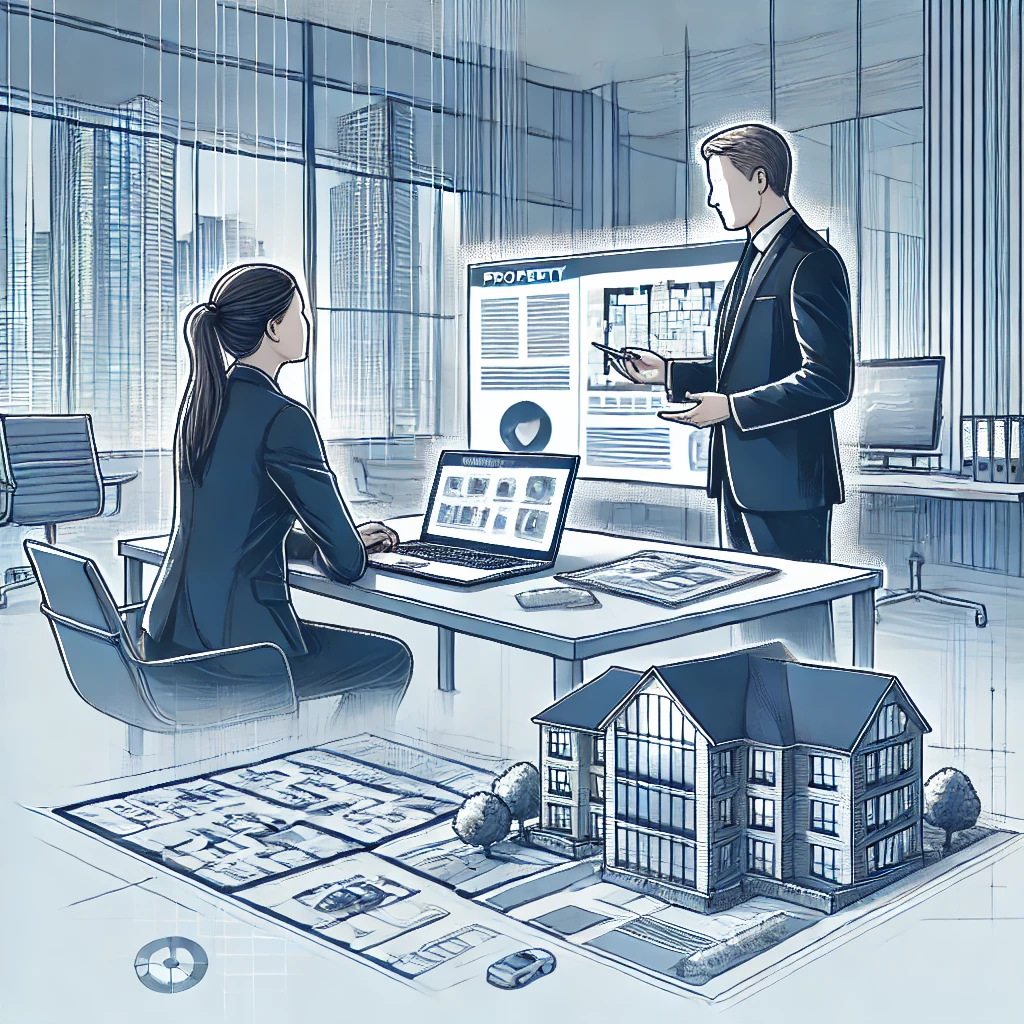 부동산 컨설턴트와 고객이 도시 배경의 사무실에서 상담하는 장면