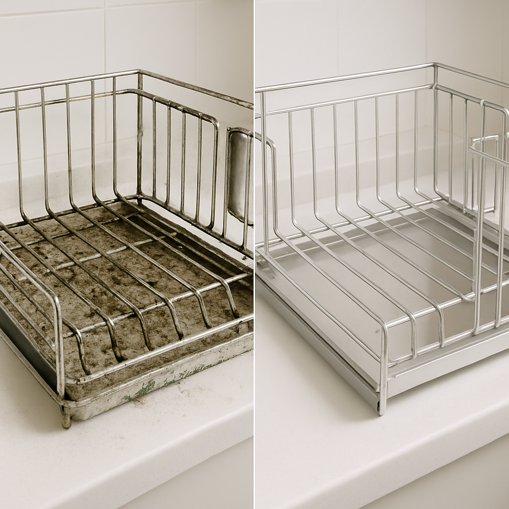 왼쪽은 곰팡이와 물때로 오염된 식기건조대, 오른쪽은 깨끗하게 관리된 식기건조대가 나란히 비교되고 있는 이미지