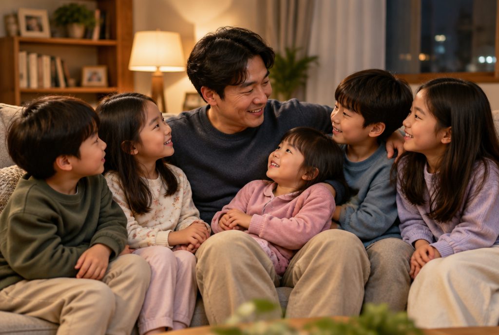 장애인등록 후 다섯 아이에게 이야기를 들려주는 아빠