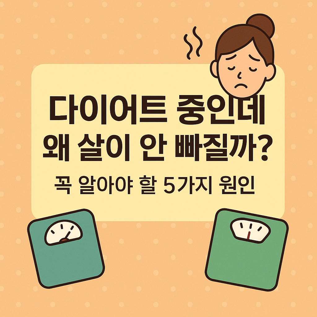 다이어트 중인데 살이 안 빠지는 이유를 설명하는 썸네일 이미지. 걱정하는 표정의 여성 일러스트와 체중계 그림이 배경에 함께 배치되어 있으며, &quot;다이어트 중인데 왜 살이 안 빠질까? 꼭 알아야 할 5가지 원인&quot;이라는 문구가 강조됨.