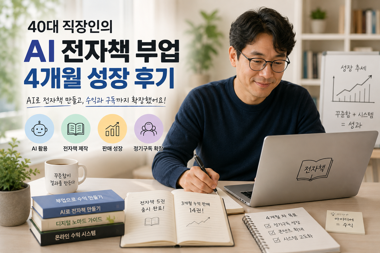 AI를 활용해 전자책을 제작하고 부업으로 성장하는 40대 직장인의 작업 모습