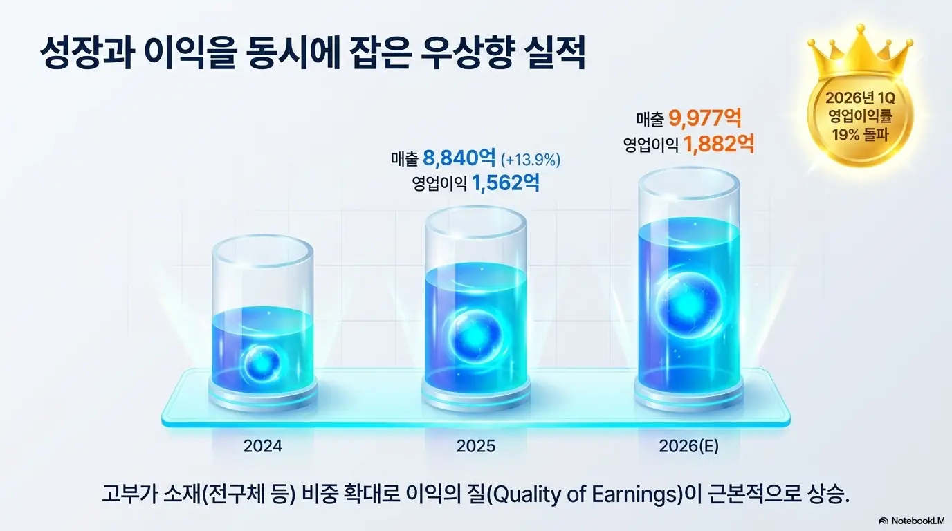 한솔케미칼 주가 전망: 한솔케미칼의 최근 3년 매출과 영업이익이 우상향하는 실적을 비커 그래프로 표현한 이미지. 2025년 매출 8,840억원, 2026년 추정 영업이익 1,882억원, 1분기 영업이익률 19% 돌파 등 성장과 이익을 동시에 잡은 흐름을 시각적으로 전달함.