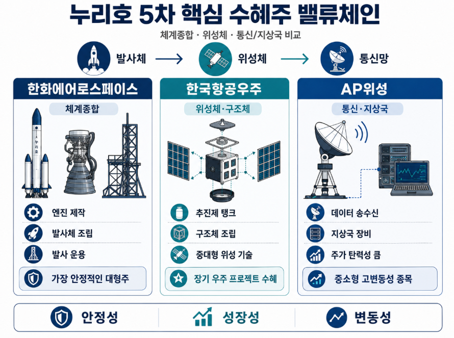 우주항공 분야에서 체계종합을 담당하는 한화에어로스페이스와 위성체를 제조하는 중소형 강소기업들의 밸류체인 역할 분담을 일목요연하게 나타낸 대조표