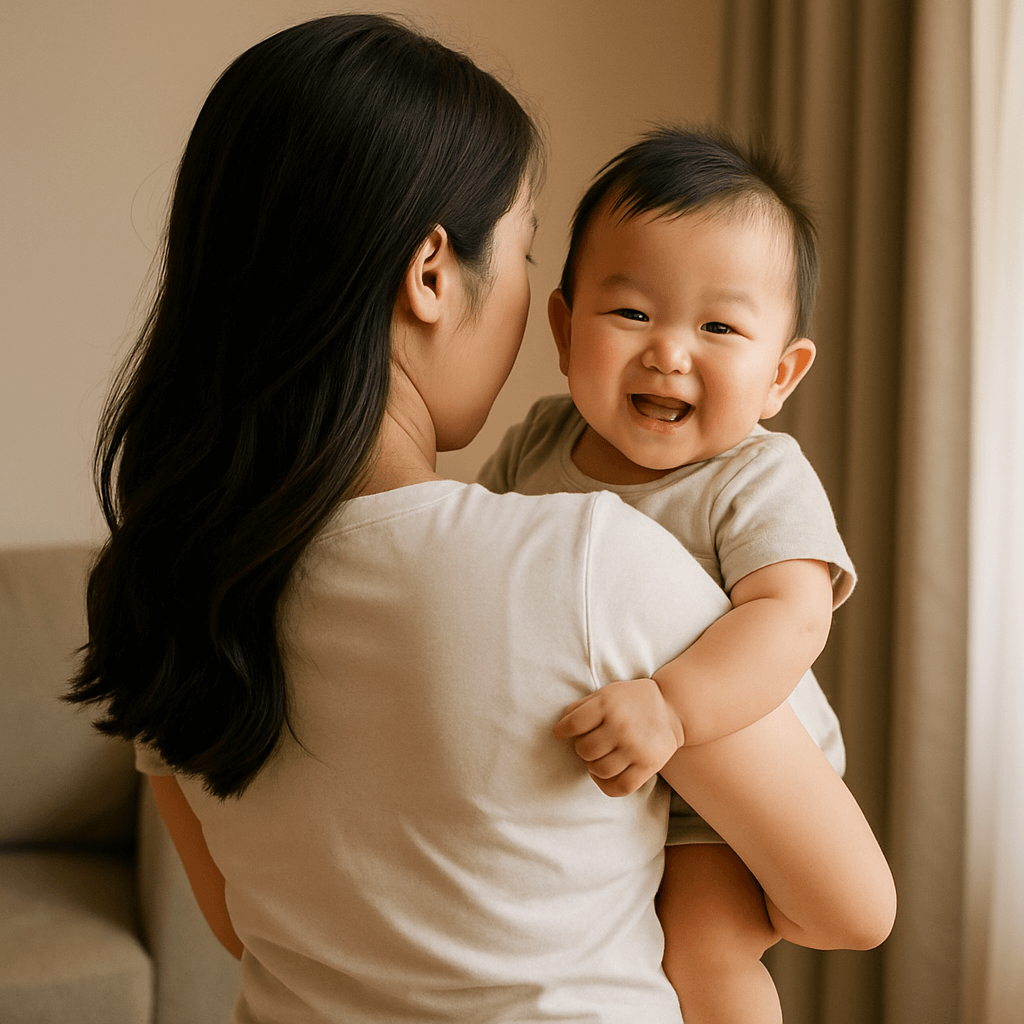 일상적인 공간에서 귀여운 아기와 함께 있는 젊은 한국인 엄마의 뒷모습