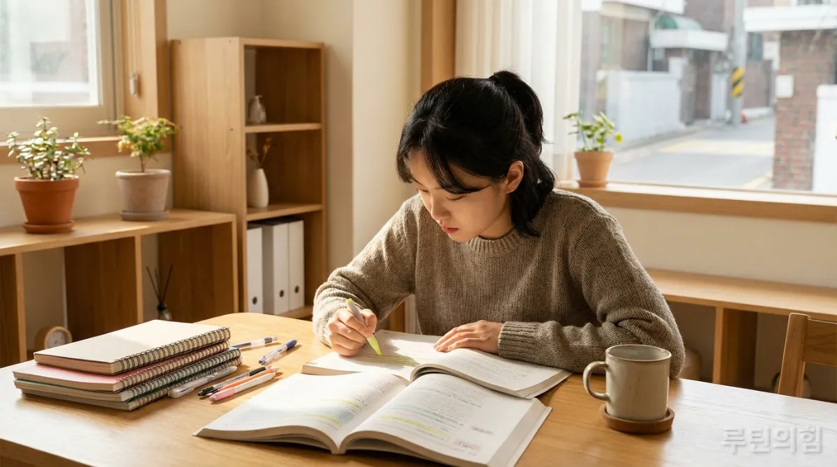 비용을 절감하며 자기주도적으로 자격증을 독학하는 한국인 학생의 모습
