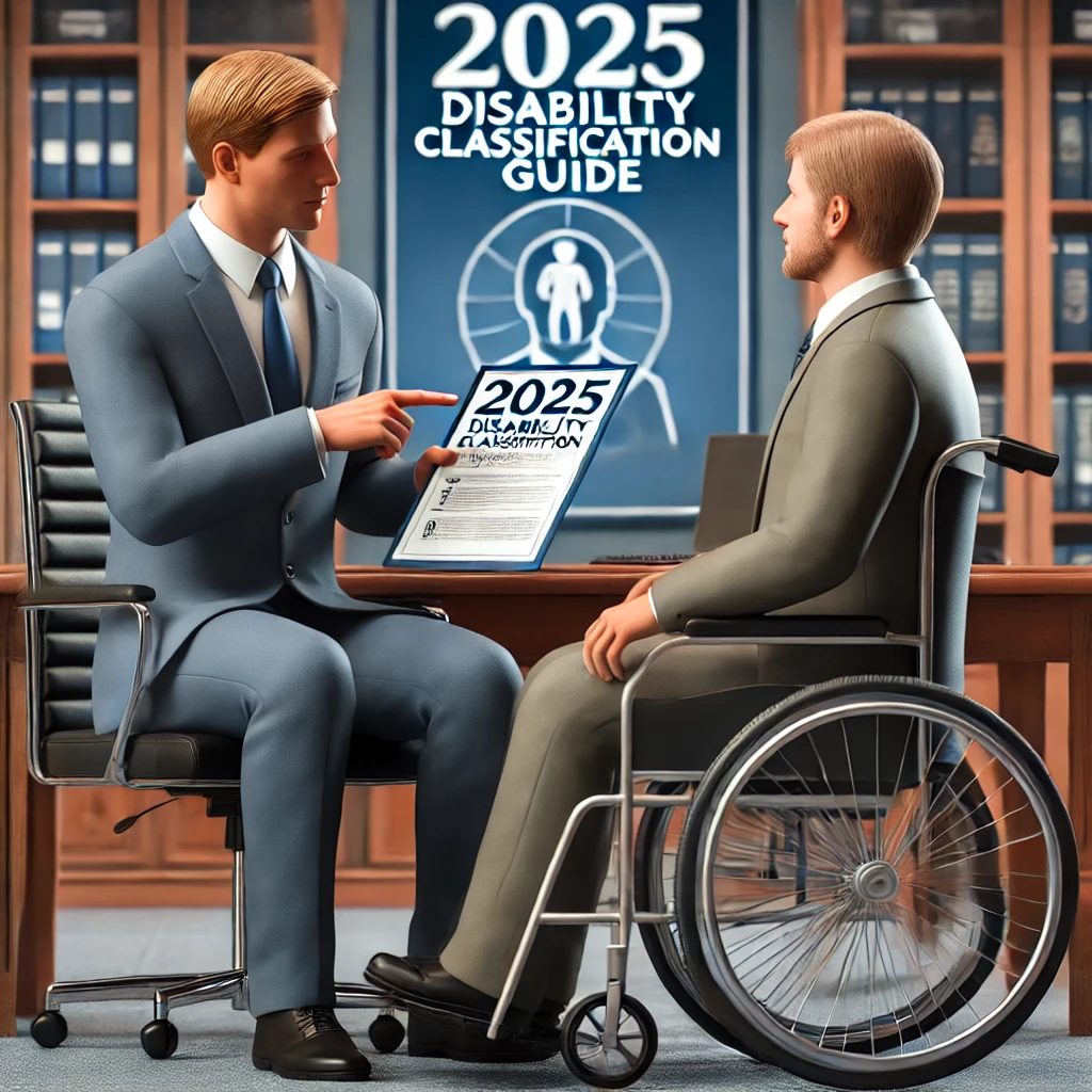 정부 기관에서 공무원이 장애인에게 &amp;#39;2025년 장애정도 구분 기준&amp;#39; 문서를 설명하는 모습&amp;#44; 배경에는 복지 지원 안내 자료가 있음.