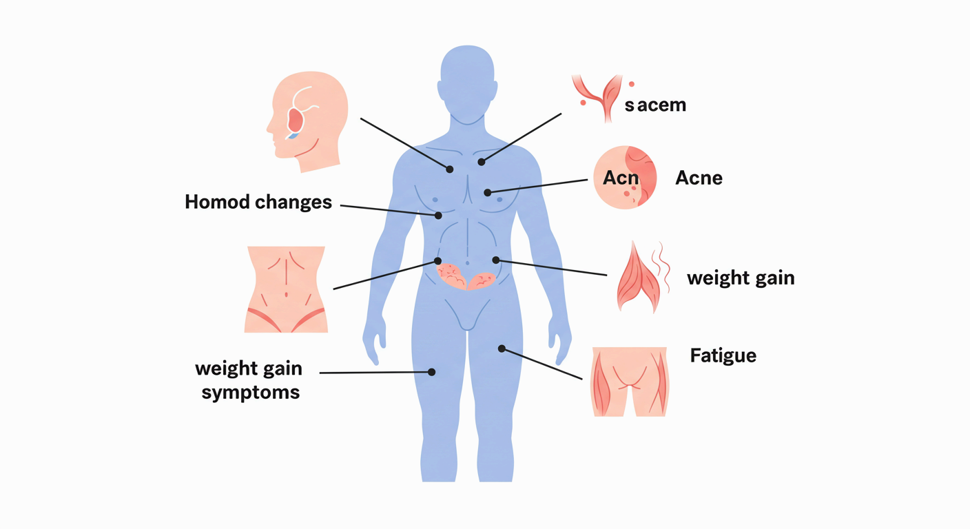 호르몬 변화와 비만 증상을 나타내는 인체 인포그래픽, 여드름, 체중 증가, 피로, 체형 변화 등의 건강 문제를 표현한 이미지