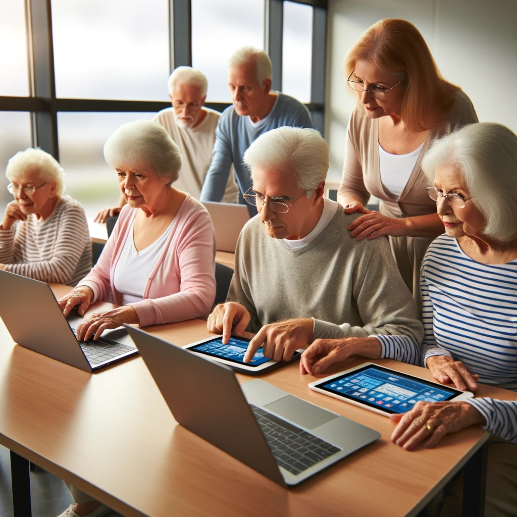 타블렛 사용법을 배우는 시니어들