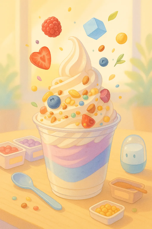 과일, 젤리, 견과류, 시럽, 곡물볼 등이 자유롭게 흘러내리며 창의적이고 즐거운 소비 경험을 표현한 파스텔 감성 푸드 아트