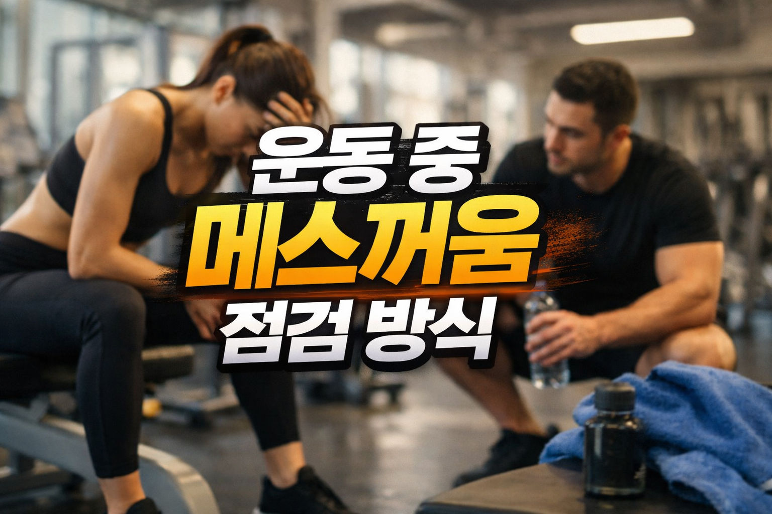 운동 중 메스꺼움이 발생해 벤치에 앉아 머리를 짚고 상태를 점검하는 운동 중인 여성과 트레이너 모습