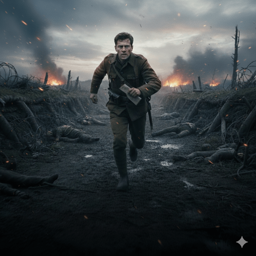 영화 1917의 주인공 스코필드가 빗발치는 포화와 자욱한 연기 속에서 멈추지 않고 전장을 가로지르며 임무를 수행하는 긴박한 사투의 순간