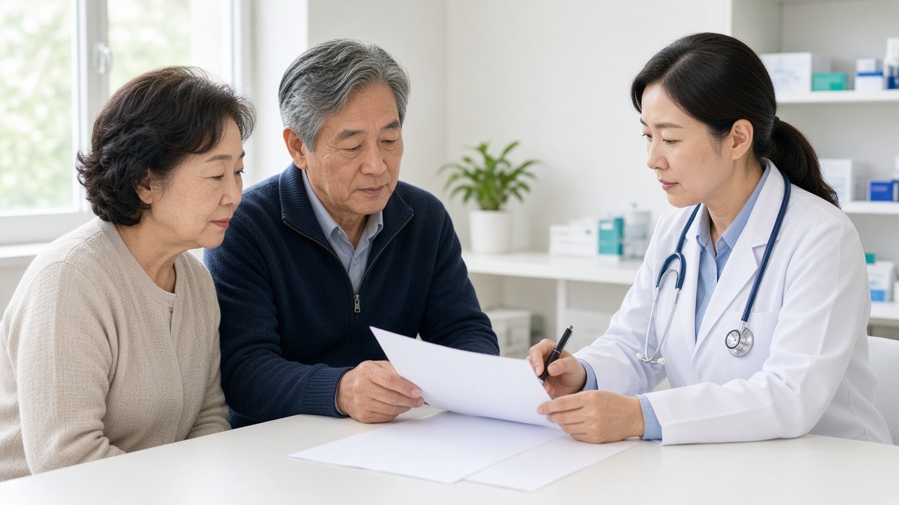 진료실에서 의사와 예방접종 기록을 함께 확인하는 60대 한국인 부부