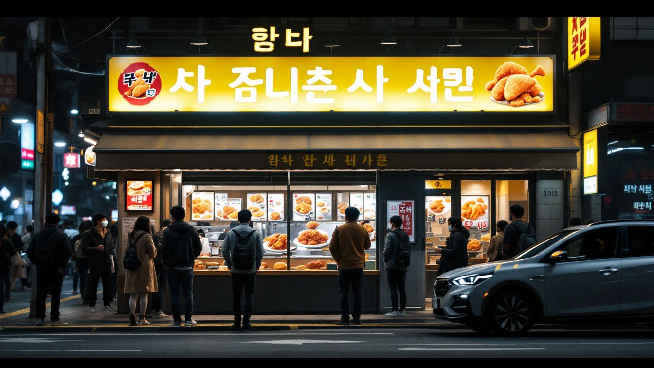 야간에 사람들이 줄 서 있는 한국 치킨집 외관, 영화 극한직업을 연상시키는 창업 성공 사례