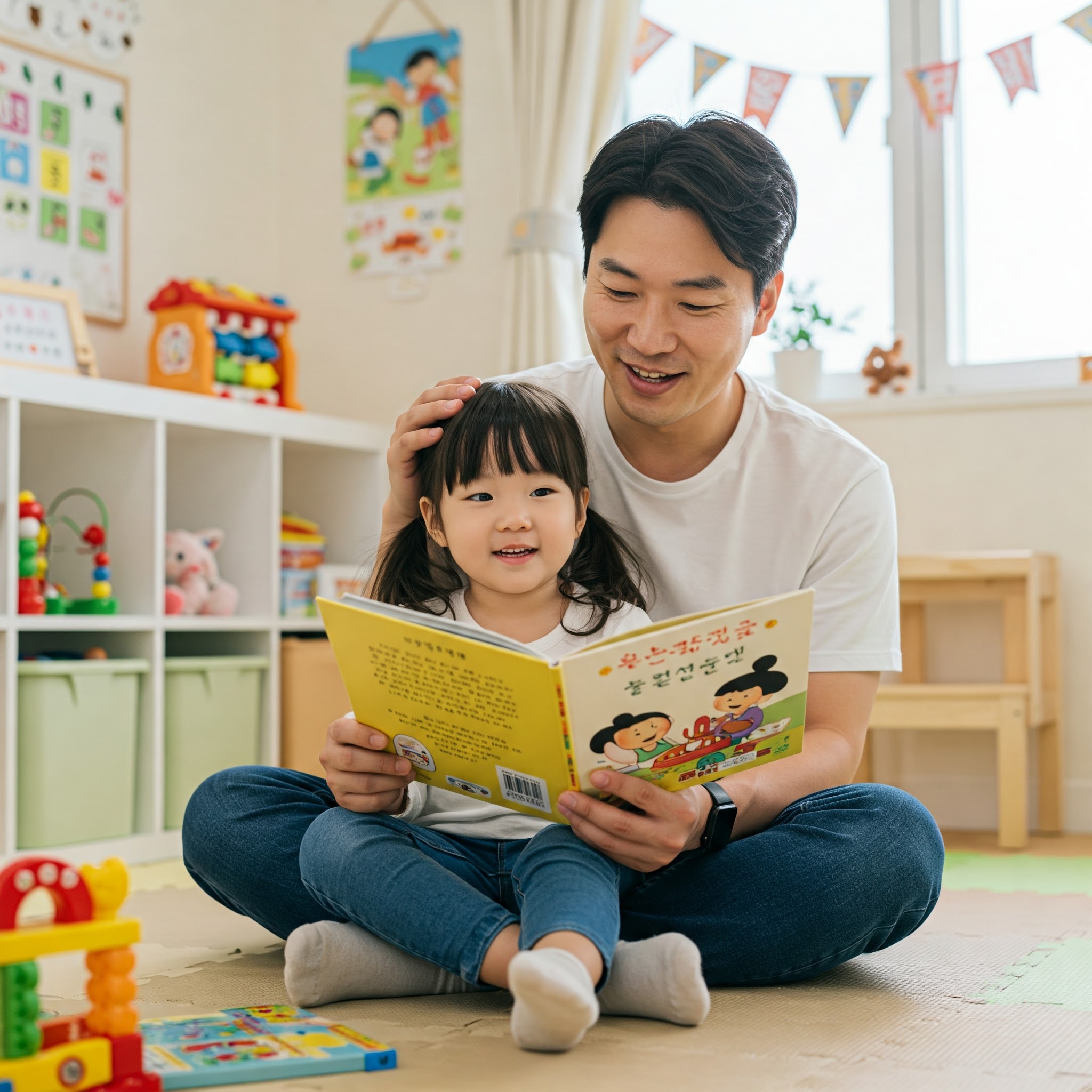 아빠와 책을 보고 있는 어린 딸