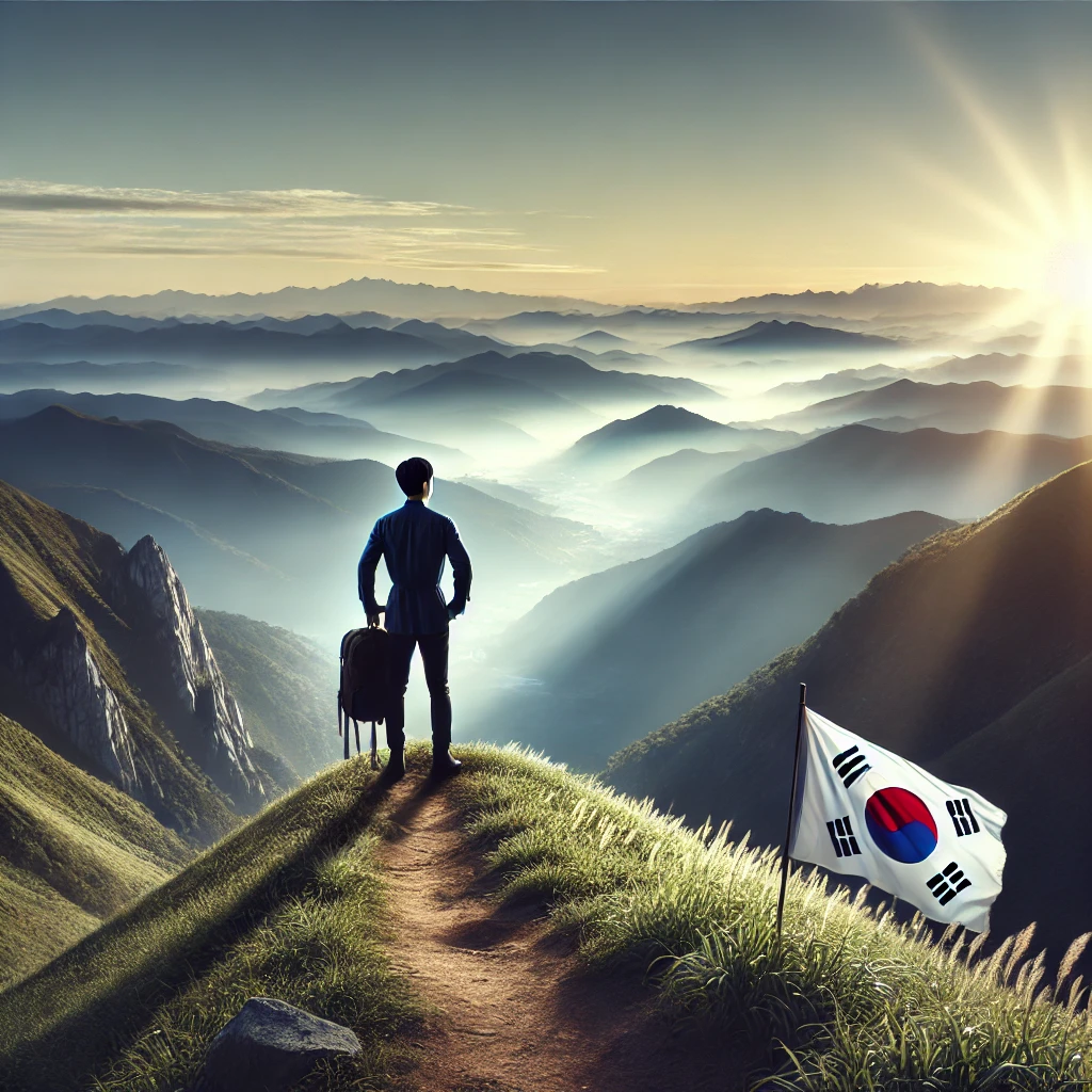 산길 끝자락에서 넓은 계곡을 바라보는 남성, 앞으로 나아갈 잠재력과 도전을 상징하는 장면