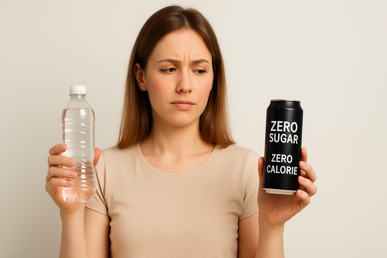 물과 제로음료 중 선택을 고민하는 여성의 모습