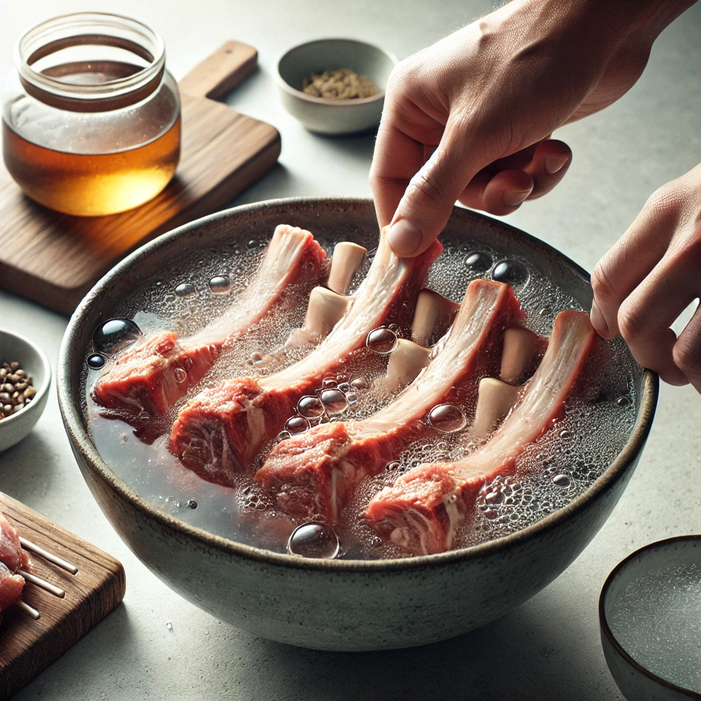 찬물에 담가 핏물을 제거하는 돼지갈비, 물 위에 불순물이 떠 있는 모습.