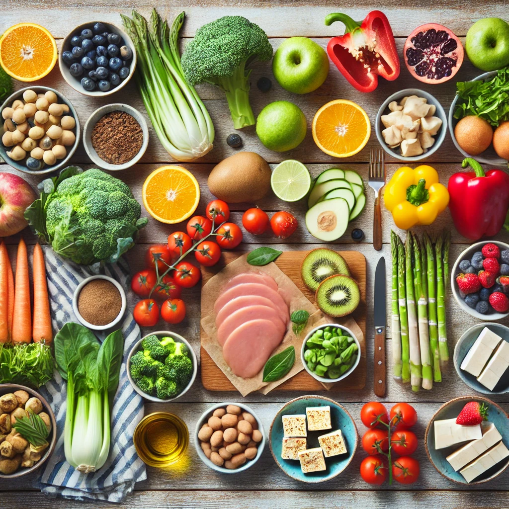 다양한 신선한 채소와 단백질 식품을 정리한 식탁