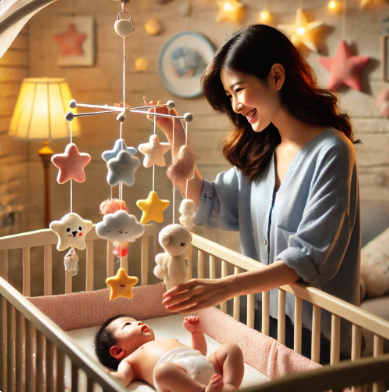 신생아 아이에게 모빌을 달아주고 있는 모습 관련 사진