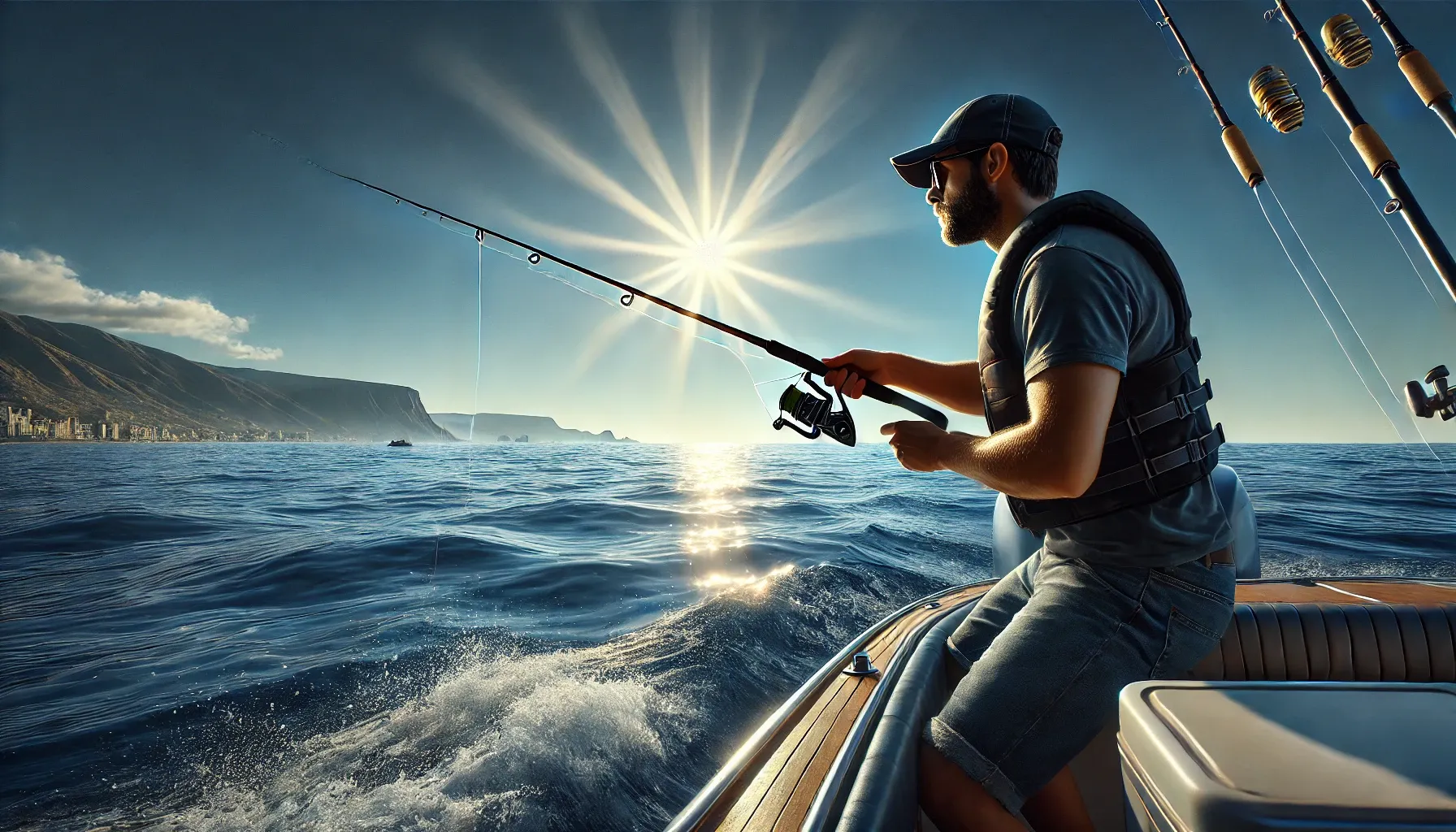 배 위에서 바다낚시를 하며 물고기를 낚는 어부