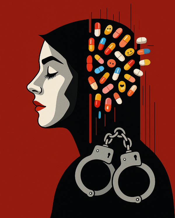 형형색색의 스마일, 하트 모양 알약이 머리 뒤로 쏟아져 나오는 여성의 실루엣과, 하단의 수갑이 대비되며 마약의 유혹과 범죄성을 동시에 경고하는 이미지