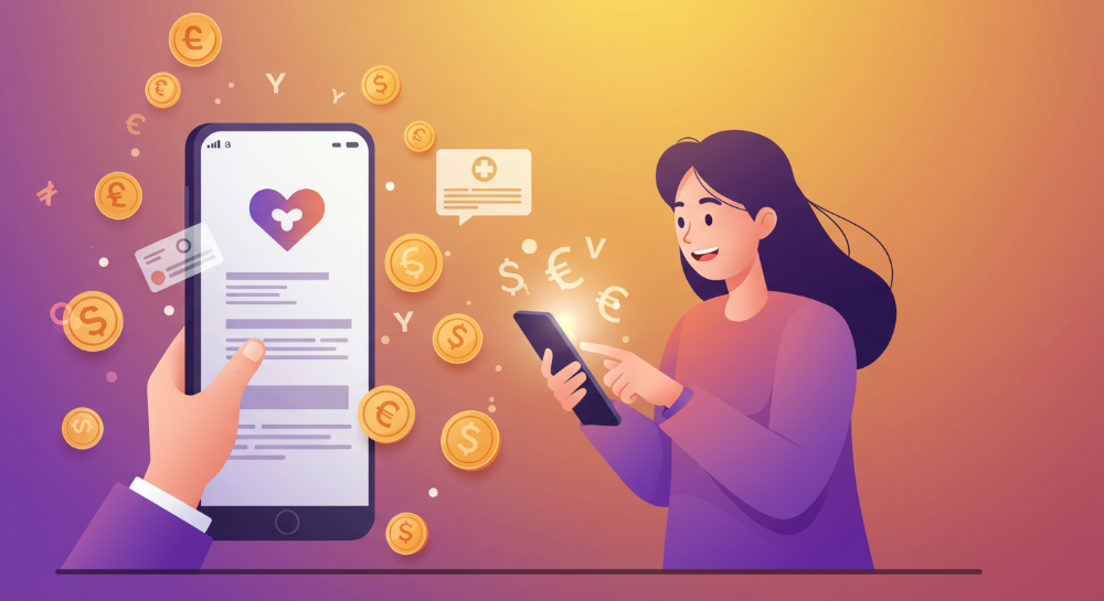 스마트폰으로 건강보험료 환급금을 확인하며 기뻐하는 사람, 자동입금과 직접신청의 편리함을 상징하는 이미지