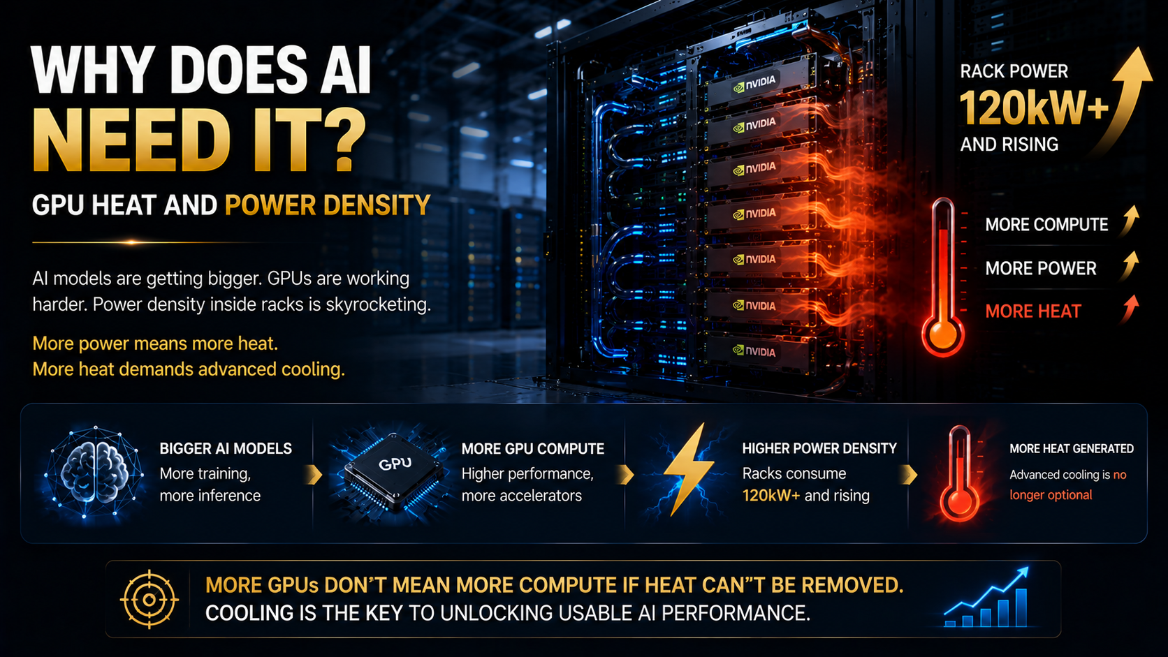 Rising GPU power density and heat generation increasing liquid cooling demand in AI data centers