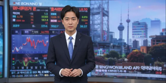 뉴스 배경 앞에서 강원랜드 주가 전망 전하는 프레젠터