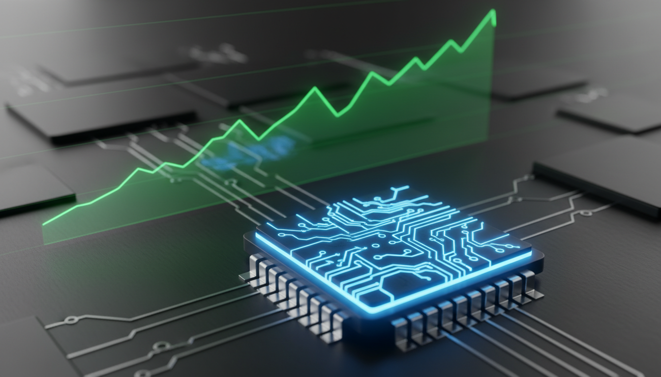 마이크론 실적 발표와 상승하는 주가 차트를 나타내는 3D 이미지