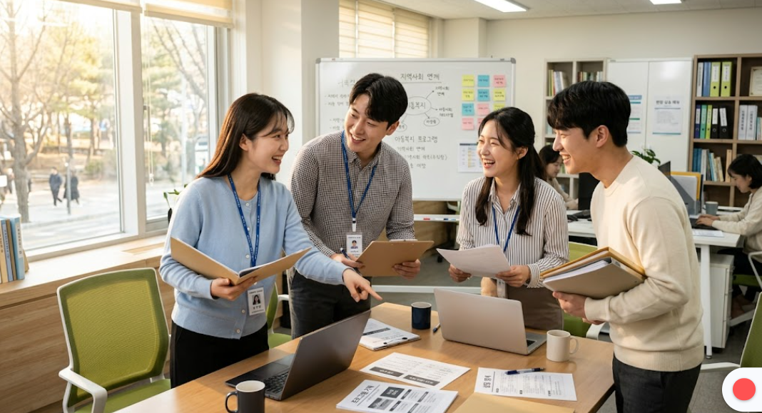 사회복지 현장 실습생들이 함께 웃으며 의논하는 활기찬 모습