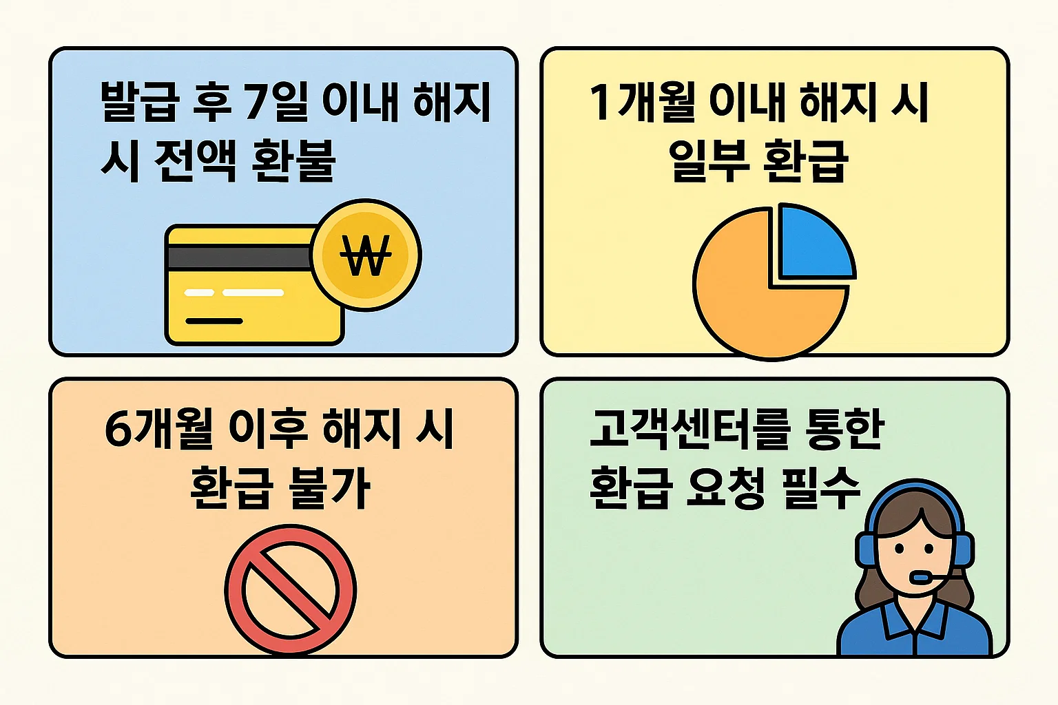 카드 해지 시점에 따른 연회비 환불 규정과 고객센터 환급 절차를 한눈에 정리한 안내용 인포그래픽