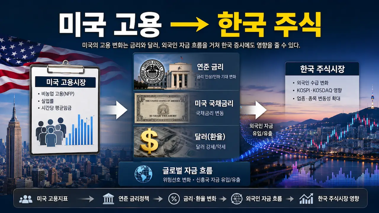 미국 고용지표에서 연준 금리와 환율을 거쳐 한국 주식시장으로 영향이 전달되는 모습을 표현한 이미지
