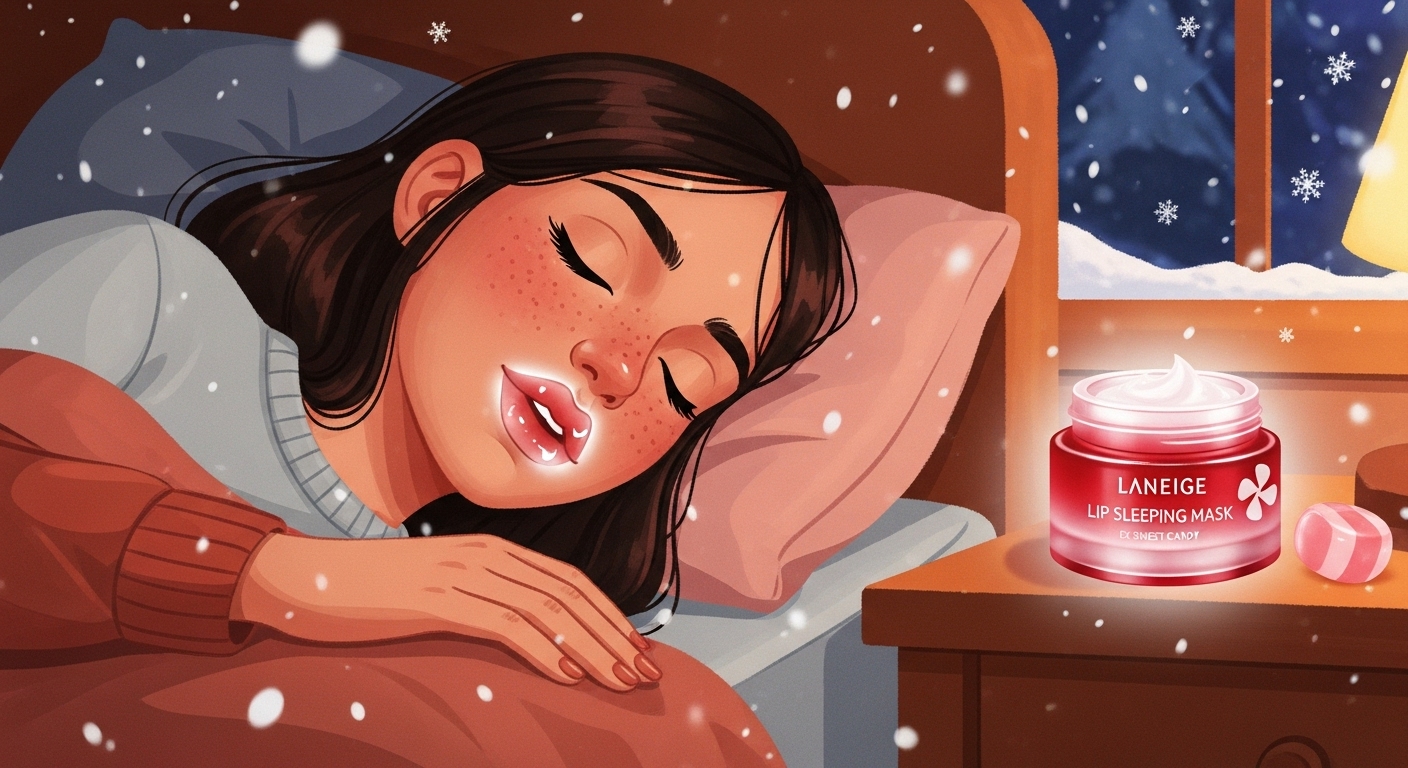 2025년 겨울밤, 라네즈 립 슬리핑 마스크 EX 스윗캔디로 촉촉하고 생기 넘치는 입술을 유지하는 모습.