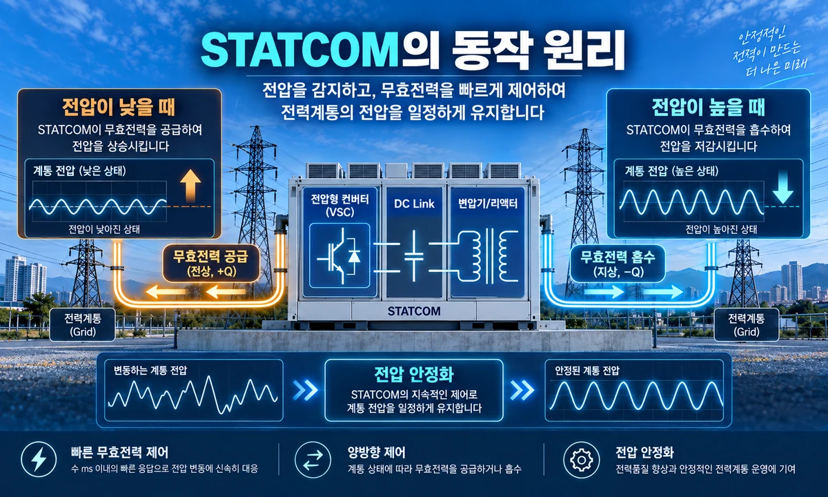 전압형 컨버터 VSC와 DC Link, 변압기&middot;리액터로 구성된 STATCOM의 무효전력 제어 원리를 설명한 인포그래픽